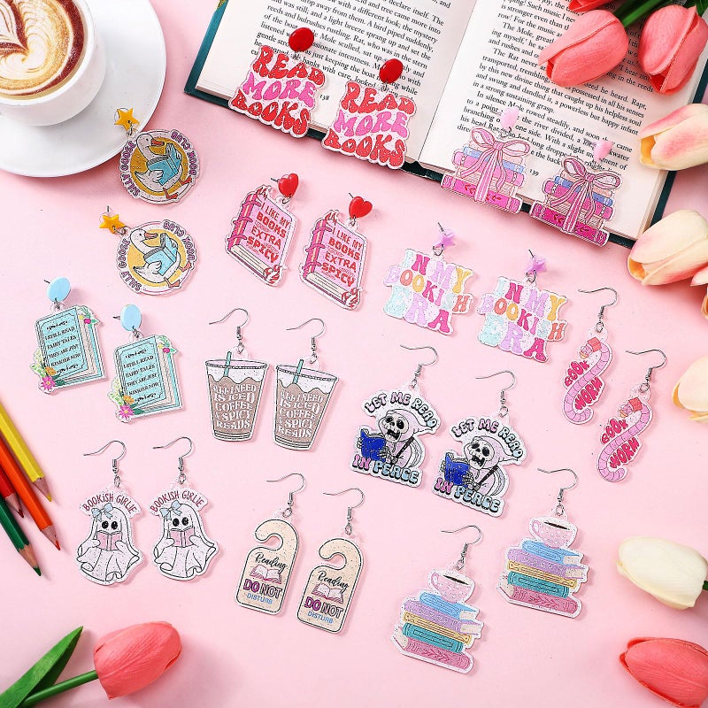 Nosiny 12 Pairs Glitter Acrylic Book Earrings for Book Lover Women Funny Reading Ghost Coffee Silly Goose Drop Dangle Earring Bookish Jewelry Accessories Supply for Bookworm Reading Lover Teacher Gift - Image 4