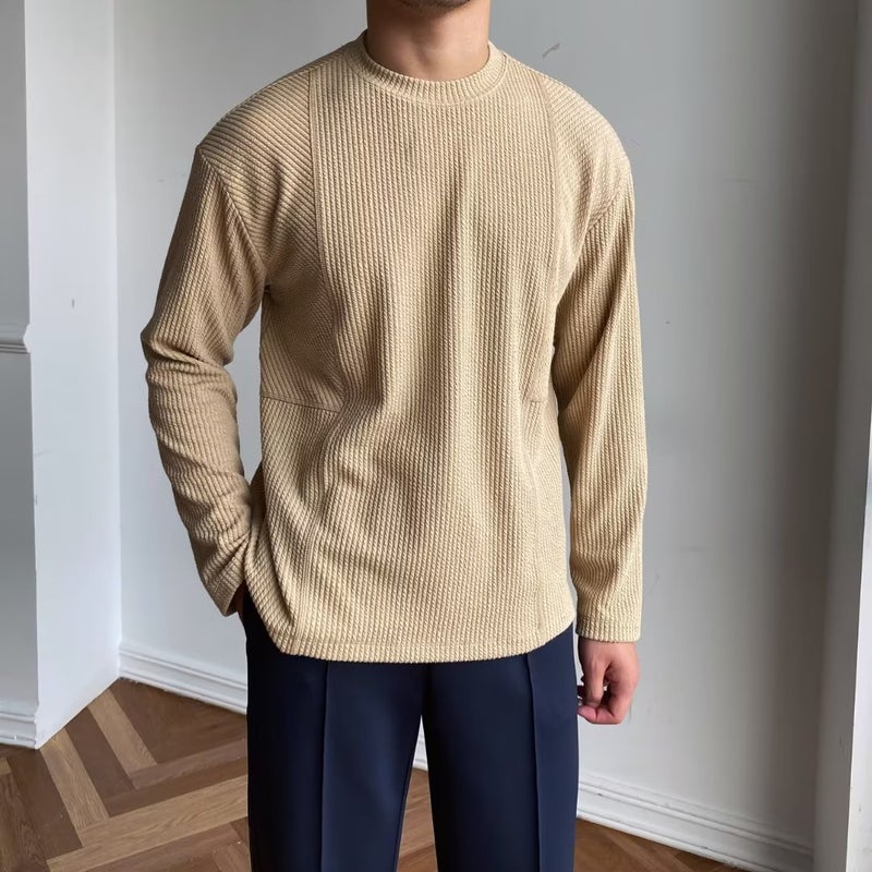 Waffles Textured T-Shirt Men'S Crewneck Slim-Fit Long-Sleeved Breathable Fitness Training Clothing Pit Striped Sports Top Trendy - Image 4