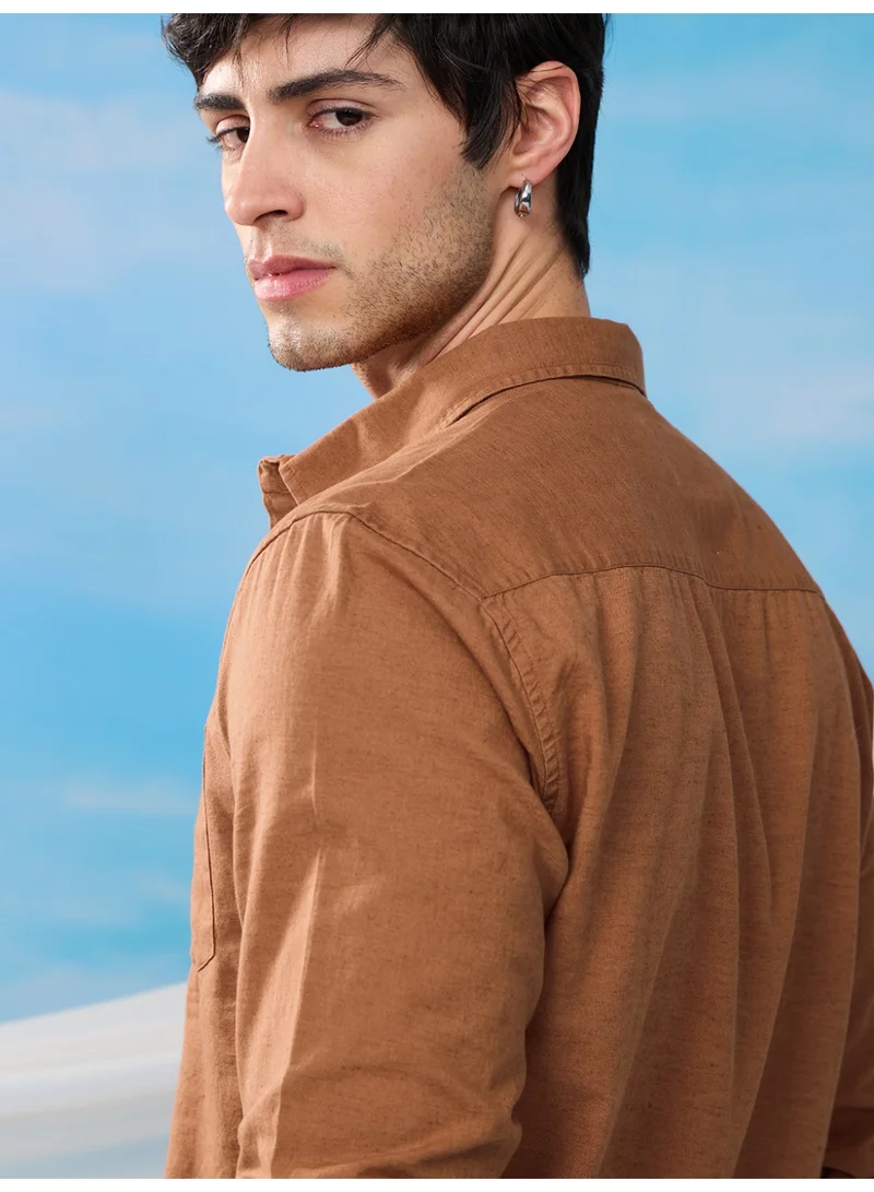 The Souled Store Russet Brown The Souled Store Men Russet Brown Solid Regular Fit Shirts for Men | Best Price UAE