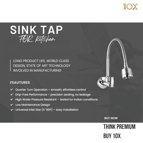 10X Brass Kitchen Sink Tap ST-6675 Dual Flow Chrome Wall Mount - Image 2