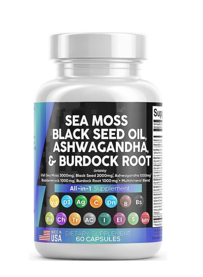 Sea Sea Moss 3000mg Black Seed Oil 2000mg Ashwagandha 1000mg Turmeric 1000mg Bladderwrack 1000mg Burdock 1000mg & Vitamin C & D3 with Elderberry Manuka Dandelion Yellow Dock Iodine Chlorophyll ACV  - Image 1