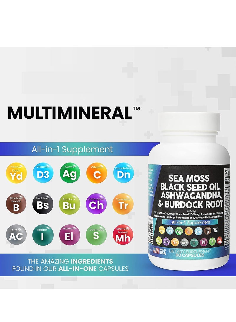 Sea Sea Moss 3000mg Black Seed Oil 2000mg Ashwagandha 1000mg Turmeric 1000mg Bladderwrack 1000mg Burdock 1000mg & Vitamin C & D3 with Elderberry Manuka Dandelion Yellow Dock Iodine Chlorophyll ACV  - Image 2