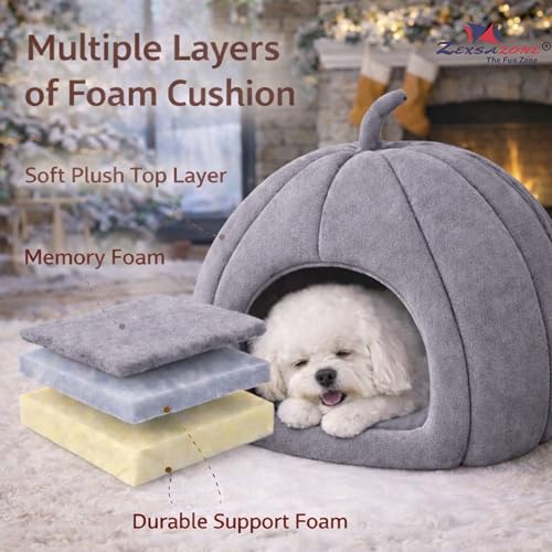 ZEXSAZONE Premium Summer Soft Velvet Pet Hut House | for Cats, Kittens and Small Dogs Puppey | with Reversible Cushion | Washable Cozy and Comfortable | 40 x 40 x 42 cm (Grey Small Pumpkin) - Image 4