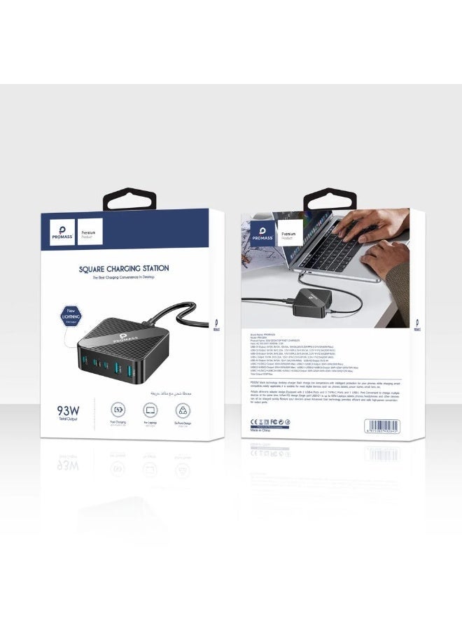 بروماس محطة شحن مركزية 93 وات، موزع شحن 6 في 1 مع 3 منافذ USB-C ومنفذين USB-A وكابل Lightning مدمج، أقصى خرج 93 وات - Image 4
