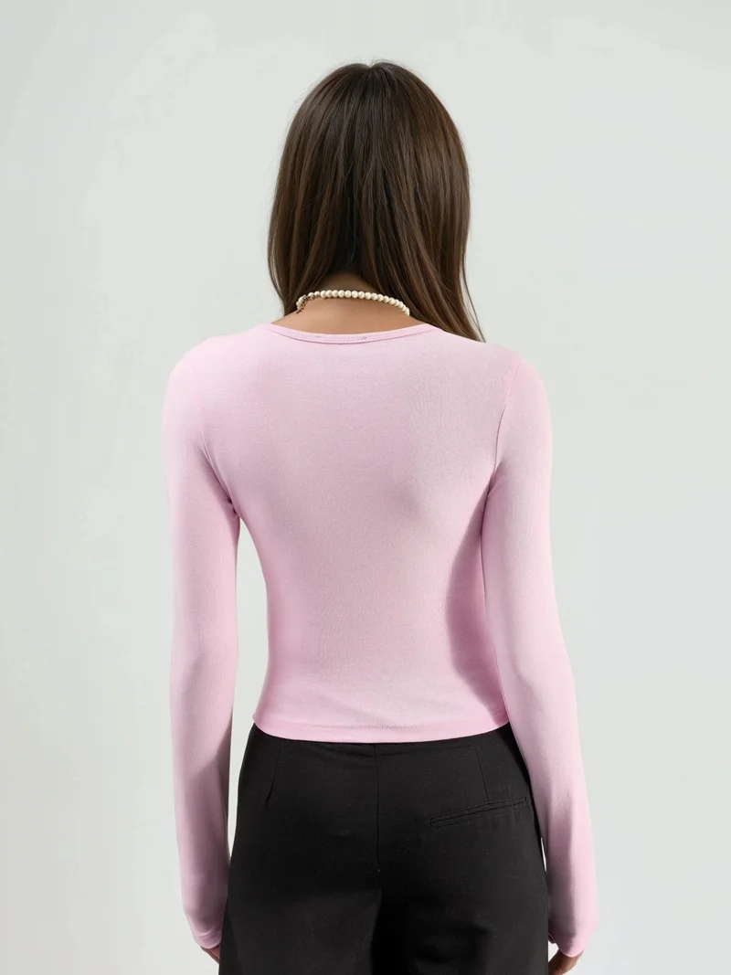 Busem Powder Pink BUSEM Long Sleeve Crew Neck Blouse for Women | Best Price UAE