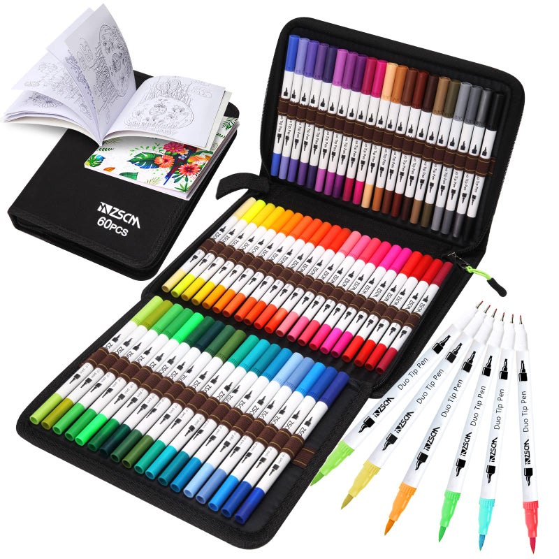 ZSCM Art Duo Tip Brush Markers Set 60 Colors Fine Brush Tip Artist Drawing Pens Set with Coloring Book for Adult Sketching Journal Planner School Supplies Gifts