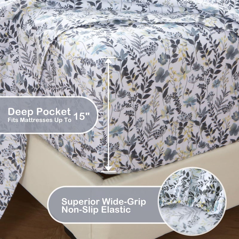Mooreeke Cozy Vintage Microfiber Printed Twin Sheet Set - Soft Breathable Floral Bed Sheets with Deep Pocket - Non-Slip Fitted Design - Yellow Blue Gray Gradient Flowers Pattern - Image 5