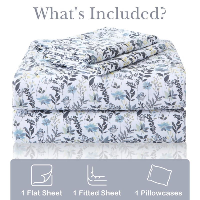 Mooreeke Cozy Vintage Microfiber Printed Twin Sheet Set - Soft Breathable Floral Bed Sheets with Deep Pocket - Non-Slip Fitted Design - Yellow Blue Gray Gradient Flowers Pattern - Image 2