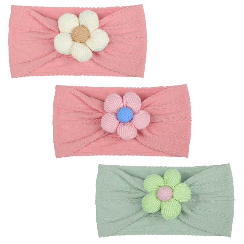 3 Pcs Baby Flower Headbands, Soft Nylon Newborn Hairbands - Image 1