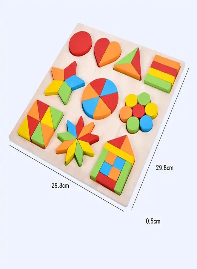 WISHKEY Wooden Shapes Puzzle Learning Toy, Montessori Game Educational Toys for Kids, Intelligence Brain Teaser Puzzle Board with 10 Designer Shapes, Multicolour, 3+ Years (Pack of 1) - Image 2