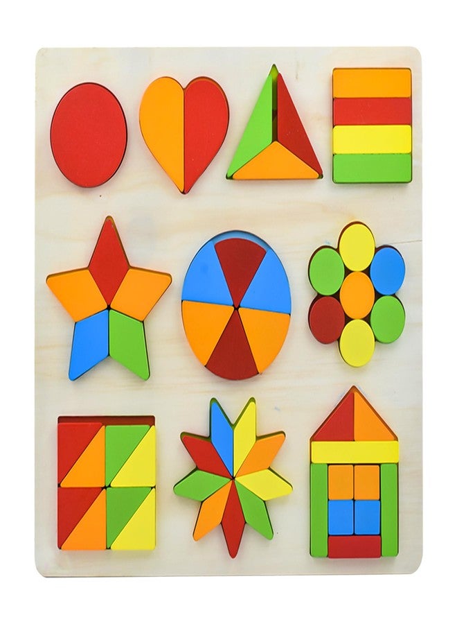 WISHKEY Wooden Shapes Puzzle Learning Toy, Montessori Game Educational Toys for Kids, Intelligence Brain Teaser Puzzle Board with 10 Designer Shapes, Multicolour, 3+ Years (Pack of 1) - Image 1