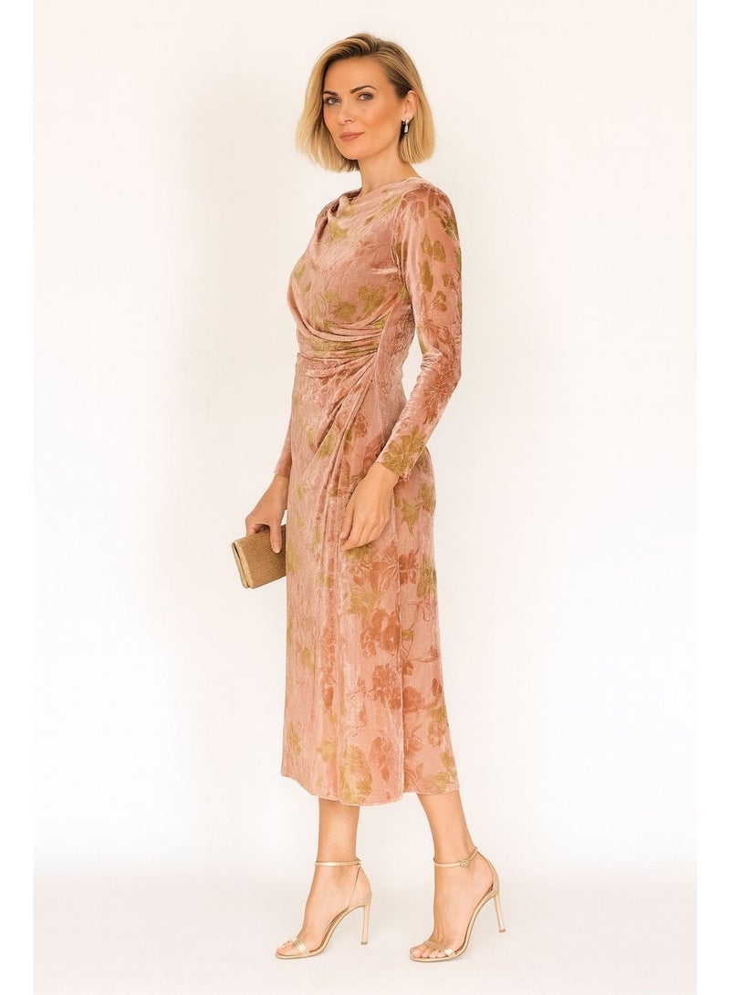 Influence Germany Peach‑Pink Floral Velvet Midi Dress – Elegant Wrap‑Style Ensemble - Image 1