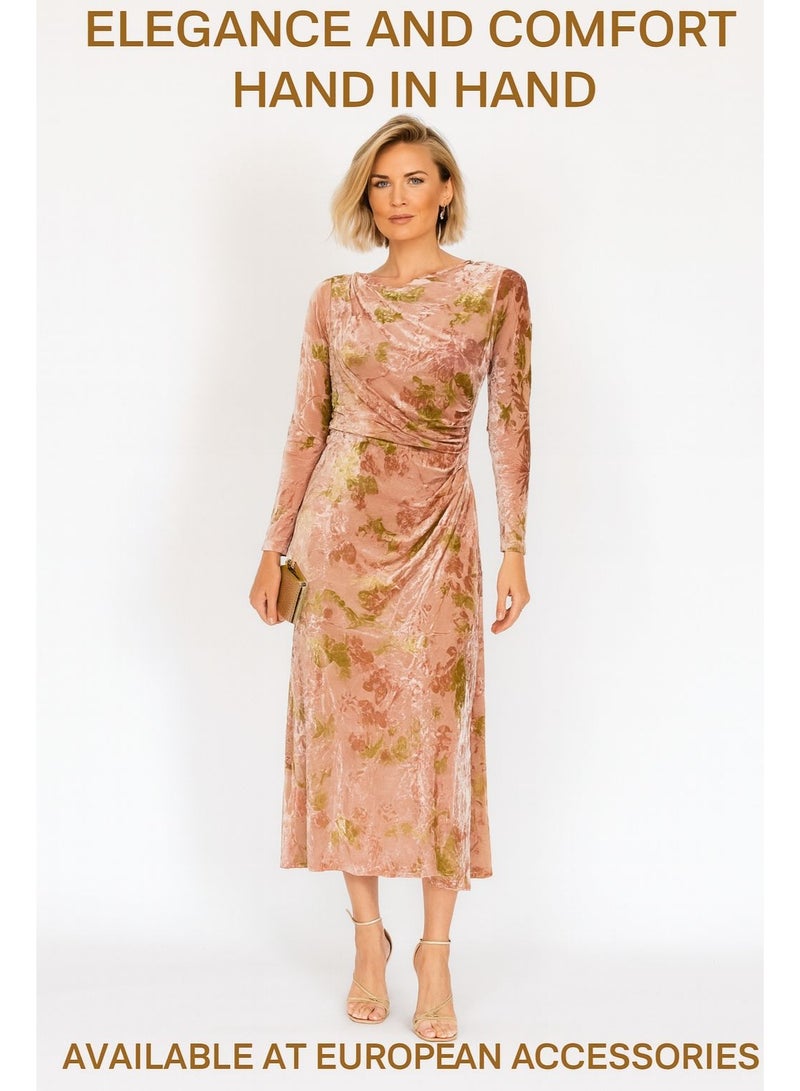 Influence Germany Peach‑Pink Floral Velvet Midi Dress – Elegant Wrap‑Style Ensemble - Image 2