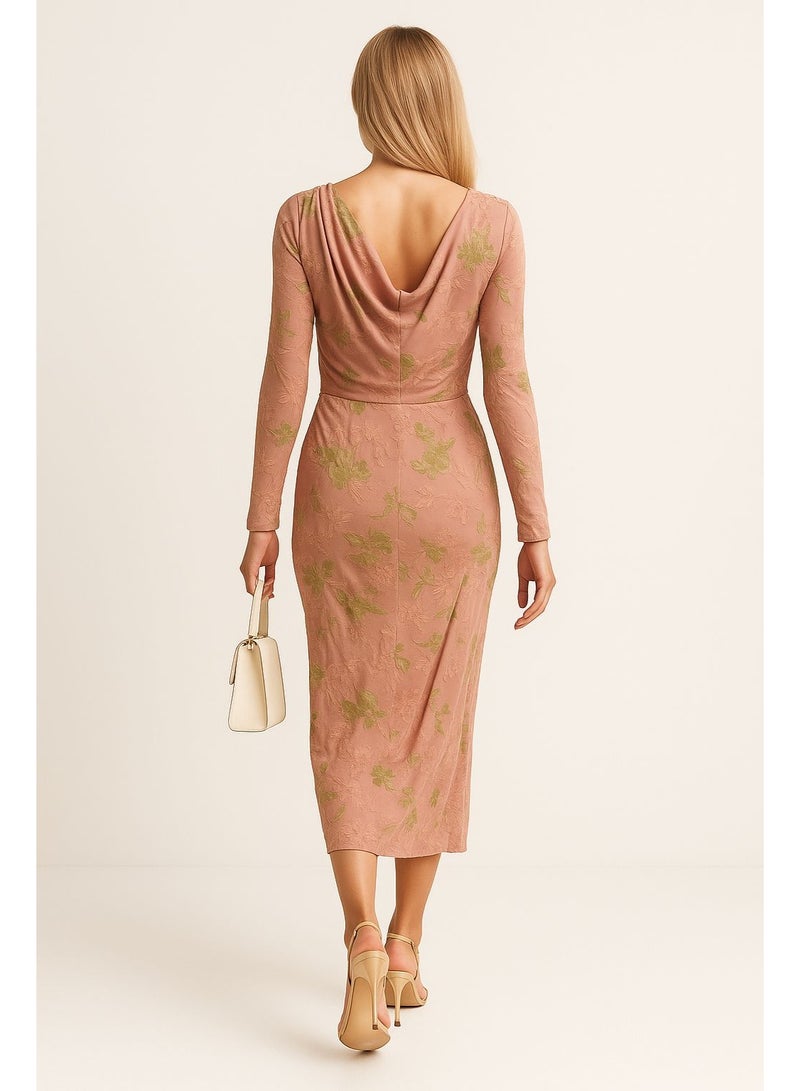 Influence Germany Peach‑Pink Floral Velvet Midi Dress – Elegant Wrap‑Style Ensemble - Image 3