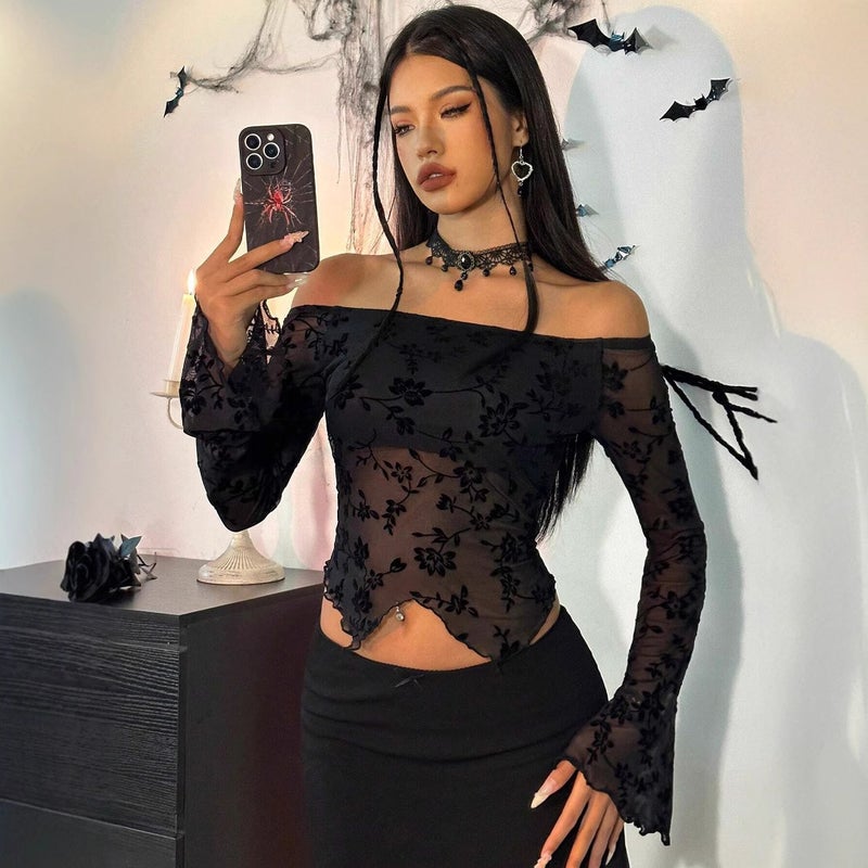Women's Black Floral Mesh Off-Shoulder Flared Sleeve T-Shirt - Image 3