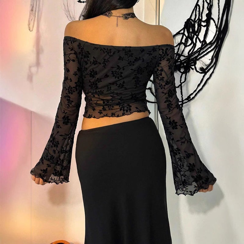 Women's Black Floral Mesh Off-Shoulder Flared Sleeve T-Shirt - Image 2