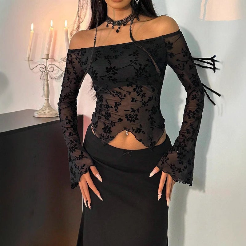Women's Black Floral Mesh Off-Shoulder Flared Sleeve T-Shirt - Image 1