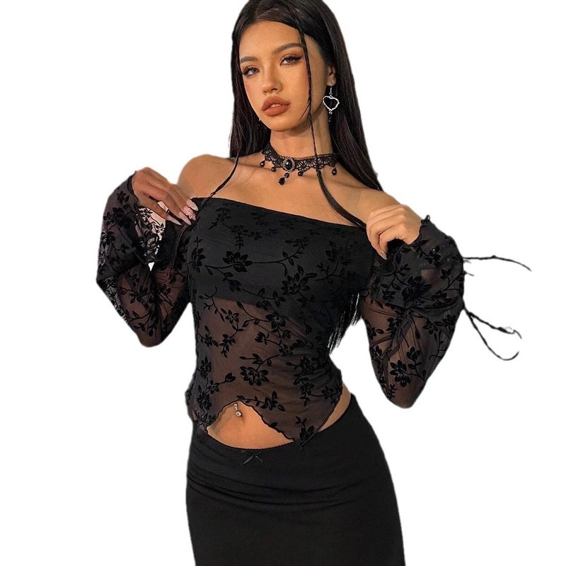 Women's Black Floral Mesh Off-Shoulder Flared Sleeve T-Shirt - Image 5