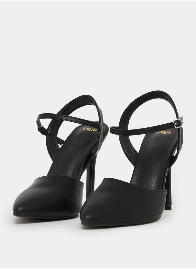 Styli Solid Ankle Strap Pointed Toe Pumps