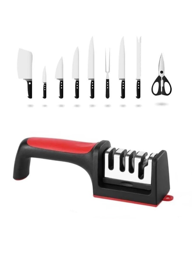 Knife Sharpeners for Kitchen Knives and Scissors with 4 Stage Sharpening Slots, Stainless Steel 4 in1 Kitchen Knife Sharpener, Ergonomic and Easy to Use Knife Sharpening Kit - Image 1