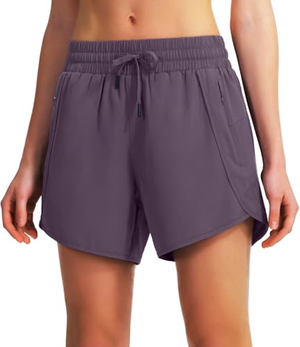 Ksmien Women's 5"/ 7" Athletic Running Shorts Quick Dry Lightweight Workout Gym Shorts with Zipper Pockets UPF 50+ Grey Purple 2XL - Image 4