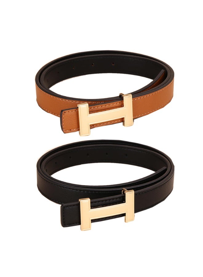 Women's PU Leather H-Buckle Belt Set, 2 Pack (Black & Brown), 105cm Length, 2.5cm Width - Image 1