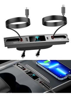 USB Charger Multi Port for 2021 2022 2023 Tesla Model 3/Y , Multifunctional Accessories with Logo and Retractable Cable,Tesla hub 100% Fit Center Console Adapter
