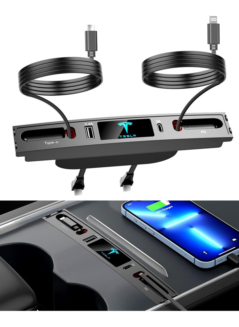 Generic - USB Charger Multi Port for 2021 2022 2023 Tesla Model 3/Y , Multifunctional Accessories with Logo and Retractable Cable,Tesla hub 100% Fit Center Console Adapter - Image 1