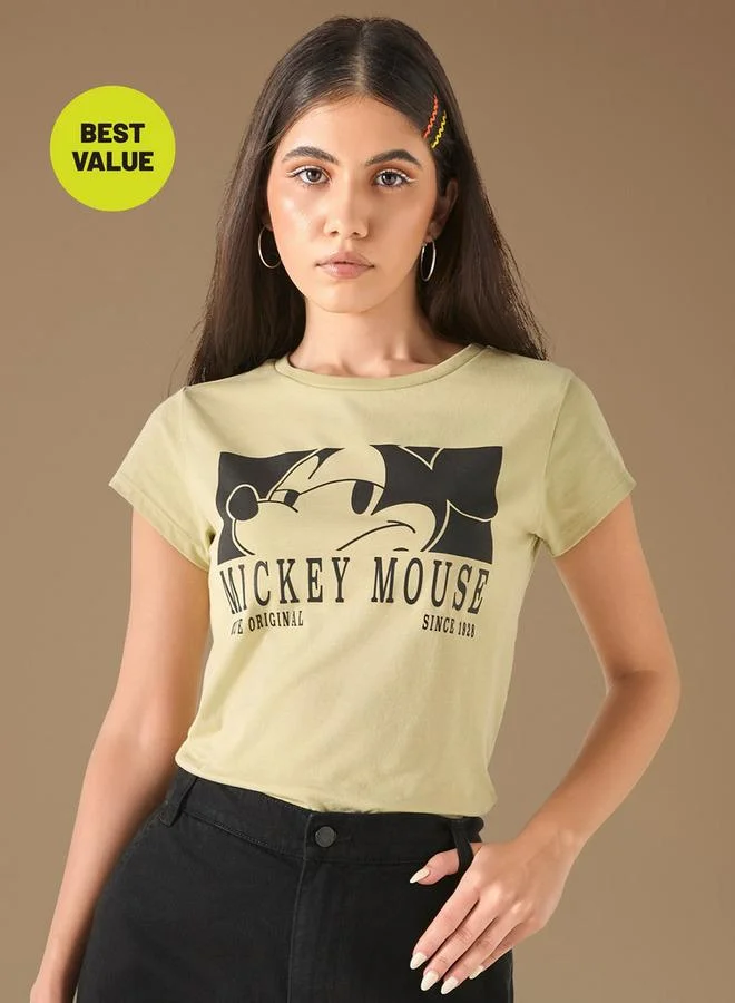 Mickey Mouse Print Crew Neck T-shirt with Short Sleeves