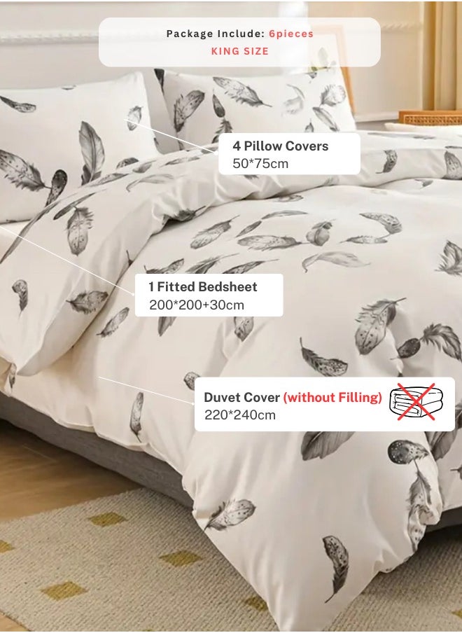 LUNA Home King size 6 piece duvet cover set, white bed linen with gray feathers.  - Image 2