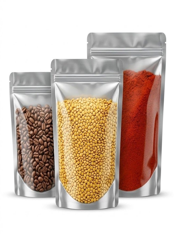 SKY FLEXI PACK Silver & Transparent Zip Lock Storage Stand Up Pouches, 100g, 250g & 500g Sizes | Set of 30 – 10 Pouches of Each Size | Airtight Reusable Food Storage Bags with Self Sealing Zipper - Image 1