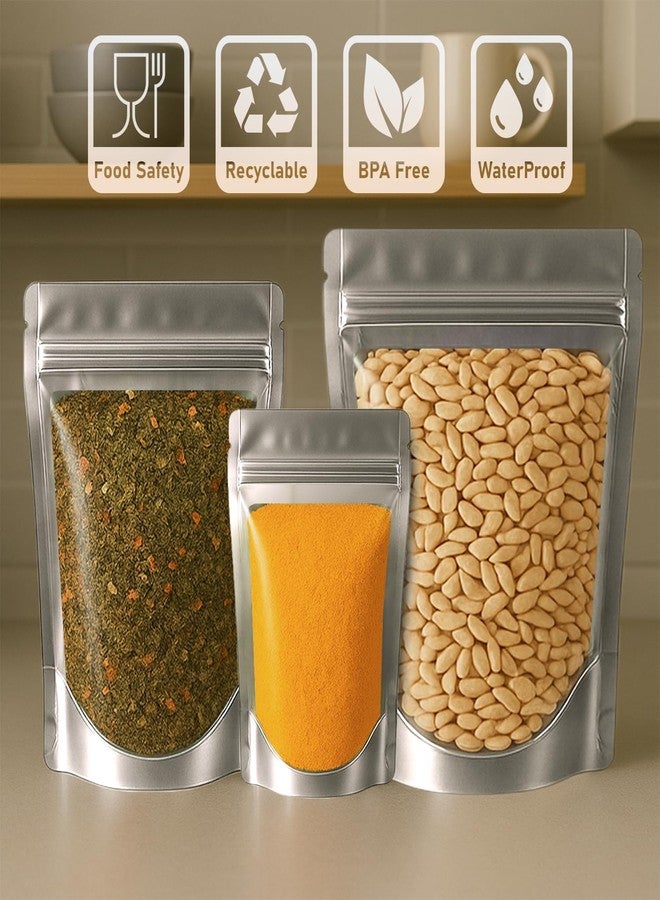 SKY FLEXI PACK Silver & Transparent Zip Lock Storage Stand Up Pouches, 100g, 250g & 500g Sizes | Set of 30 – 10 Pouches of Each Size | Airtight Reusable Food Storage Bags with Self Sealing Zipper - Image 4