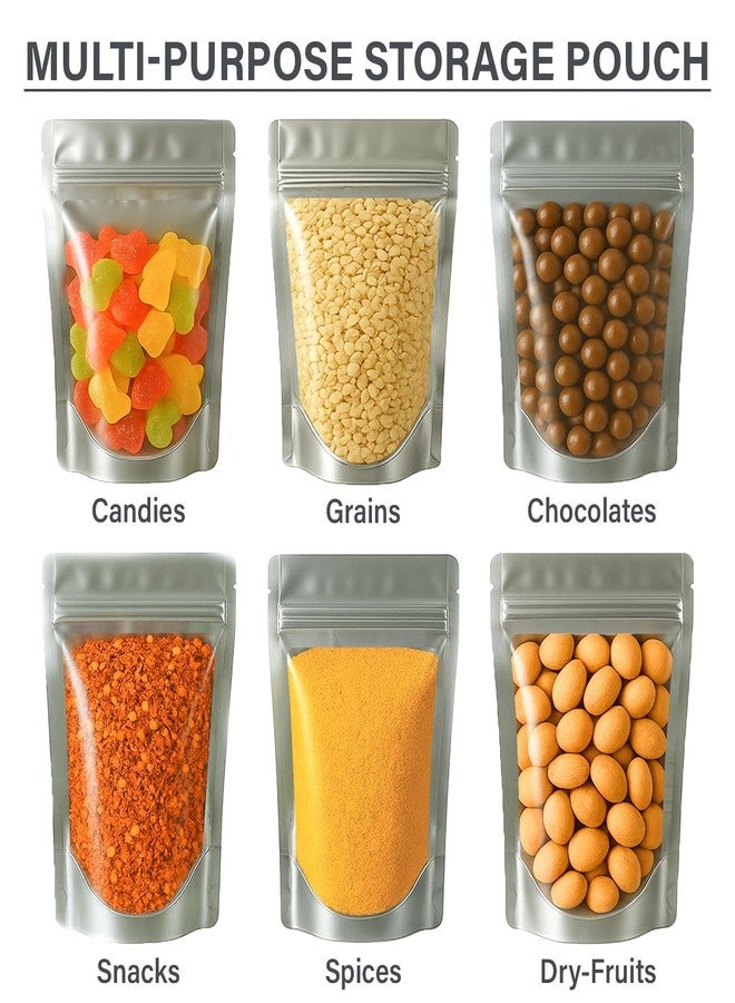 SKY FLEXI PACK Silver & Transparent Zip Lock Storage Stand Up Pouches, 100g, 250g & 500g Sizes | Set of 30 – 10 Pouches of Each Size | Airtight Reusable Food Storage Bags with Self Sealing Zipper - Image 5