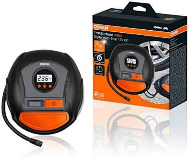 OSRAM Multi usage OSRAM TYREinflate 450, digital tire inflator, Auto-stop, Memory, LED light, Backlit Display, portable air compressor cars, small vans, Max 100 PSI /5.5 BAR, air pump inflates tires in 2.5 min Ready varied options - Image 1