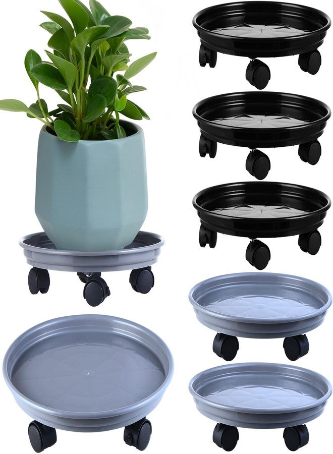 Planterhoma 6 Packs Plastic Plant Caddy with Casters 12” Plant Dolly Heavy Duty Rolling Plant Stand with Wheels for Indoor and Outdoor Large Heavy Plant Pot Rollers, Black and Grey - Image 1