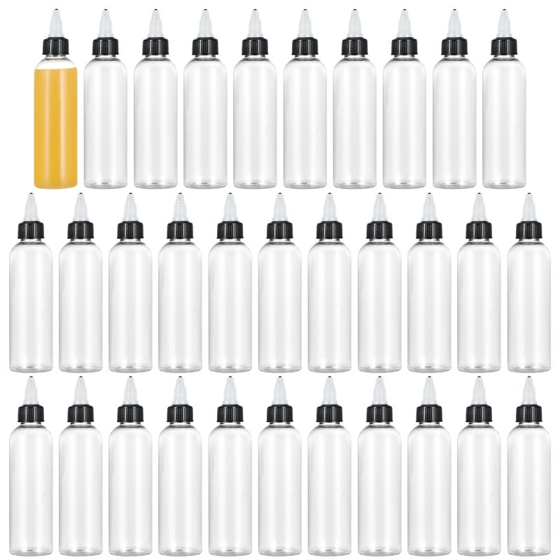 32PCS Clear Dispensing Bottles 4oz Plastic Squeeze Bottles with Twist Top Caps for Oils Inks Liquids Household Round Squeeze Bottles for Crafts Kitchen Food Making