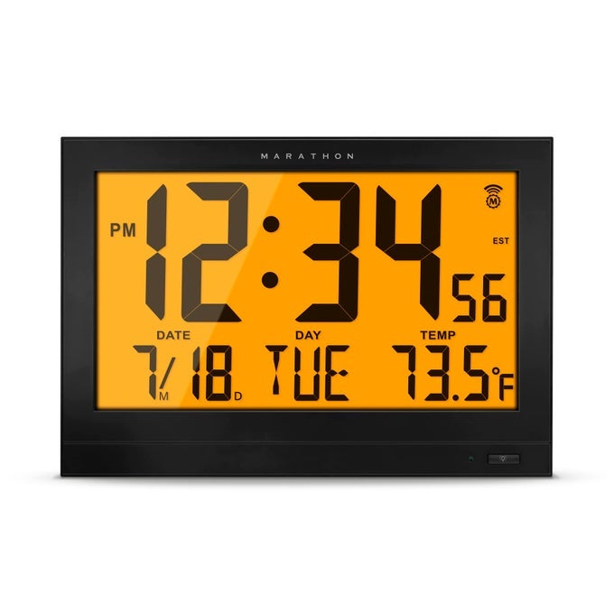 JUMBO ATOMIC WALL CLOCK WITH AUTOMATIC BACKLIGHT BLACK LARGE 15INCH DISPLAY AMPM OR 24HOUR TIME 8 TIME ZONES INDOOR TEMPERATURE DAY DATE INCLUDES WALL PLUG