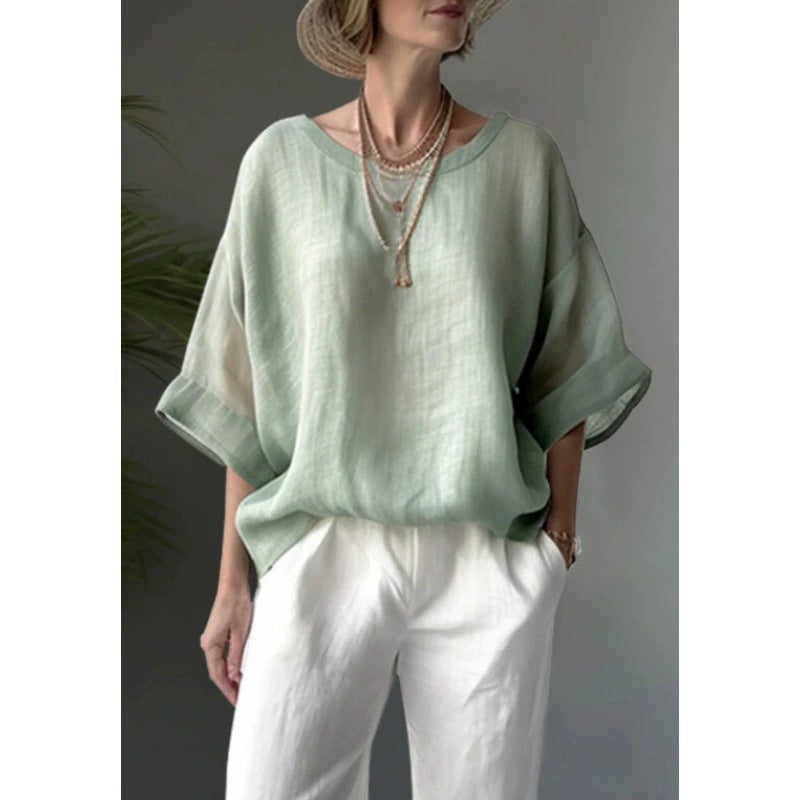 New Solid Linen Blend Women's Blouse - Image 3