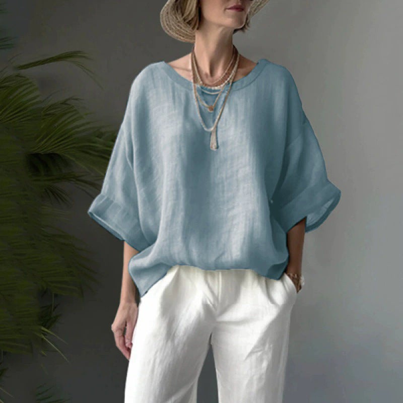 New Solid Linen Blend Women's Blouse - Image 2