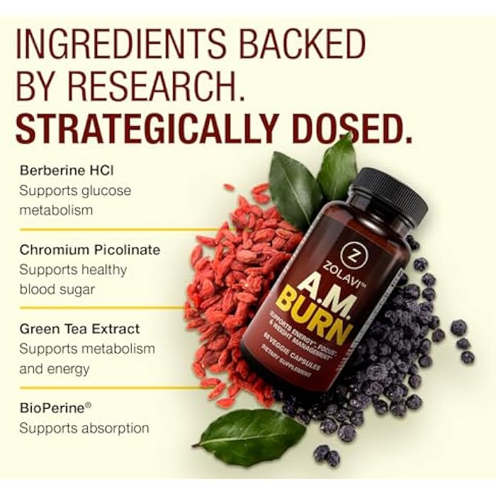 A.M. Burn GLP-1 Supplement Weight Loss Support | Berberine HCL + Chromium Picolinate + Green Tea + BioPerine | Developed by Weight Management Experts | USA Made, GMP Certified, 60 Caps - Image 4