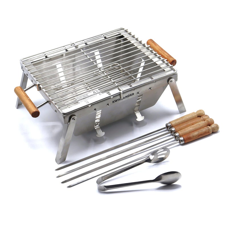 KWIKLANDER®- Compact Portable Foldable Stainless Steel Tandoor Charcoal Barbeque BBQ Grill Set with 4 Skewers, Tongs, Bag, Charcoal Tray + Top Cooking Grate For Home Outdoor Garden | 32x28 cm - Image 1