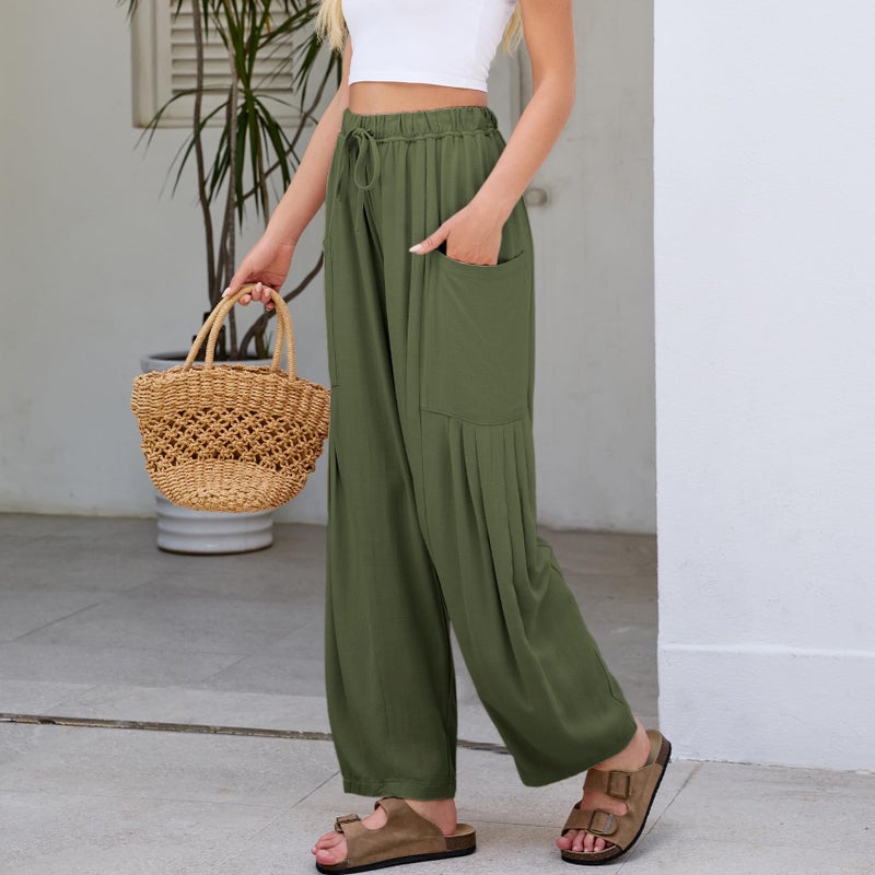 Duyang Women Linen Wide Leg Pants Casual Summer Palazzo Pants Beach Vacation Outfits Flowy Loose Trousers with Pockets(Army-Green,M) - Image 4