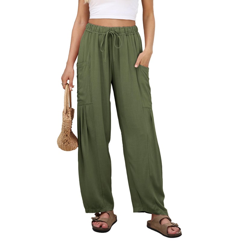Duyang Women Linen Wide Leg Pants Casual Summer Palazzo Pants Beach Vacation Outfits Flowy Loose Trousers with Pockets(Army-Green,M) - Image 1