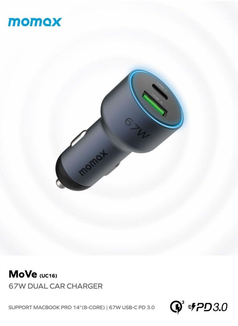 Momax - Move 67W Dual Port Car Charger with Lightning to USB-A Cable - Black - Image 1