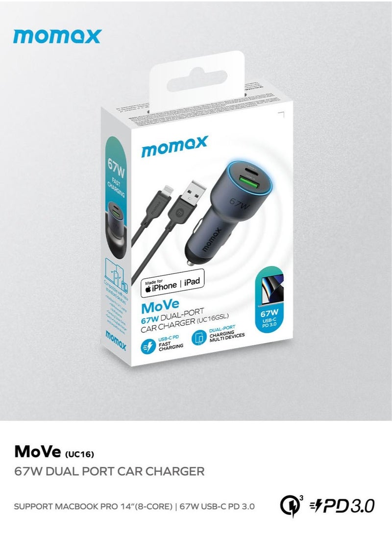 Momax - Move 67W Dual Port Car Charger with Lightning to USB-A Cable - Black - Image 1
