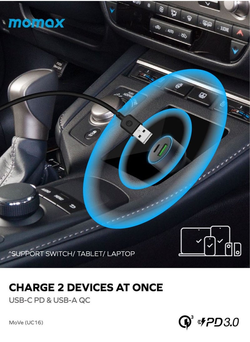 Momax - Move 67W Dual Port Car Charger with Lightning to USB-A Cable - Black - Image 1