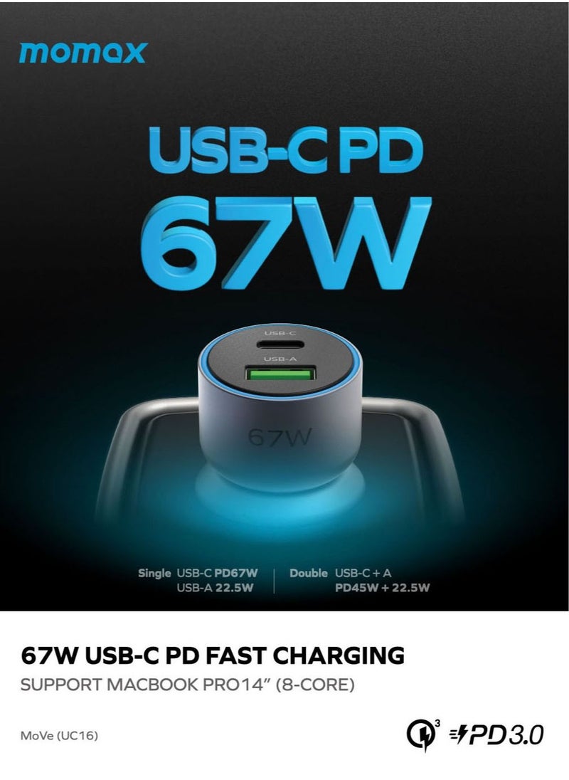 Momax - Move 67W Dual Port Car Charger with Lightning to USB-A Cable - Black - Image 1