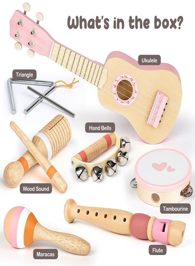 Vanplay Kids Guitar Set for Girls - Toys for 2 3 4 Year Old Girl Birthday Gifts - 7 in 1 Wooden Montessori Musical Instruments with Ukulele/Tambourine/Maracas/Flute for Toddler 2-5(Pink) - Image 3