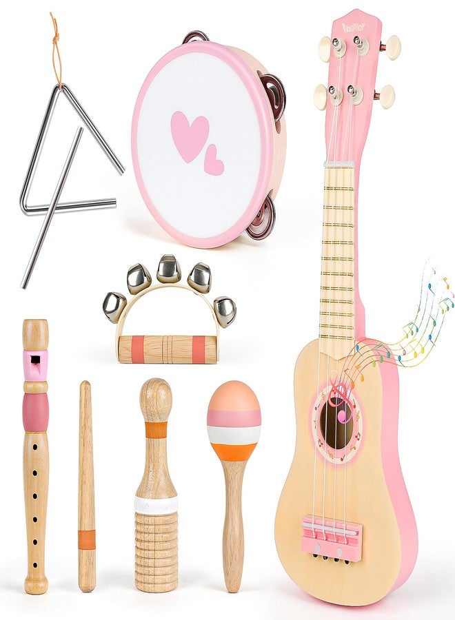 Vanplay Kids Guitar Set for Girls - Toys for 2 3 4 Year Old Girl Birthday Gifts - 7 in 1 Wooden Montessori Musical Instruments with Ukulele/Tambourine/Maracas/Flute for Toddler 2-5(Pink) - Image 1