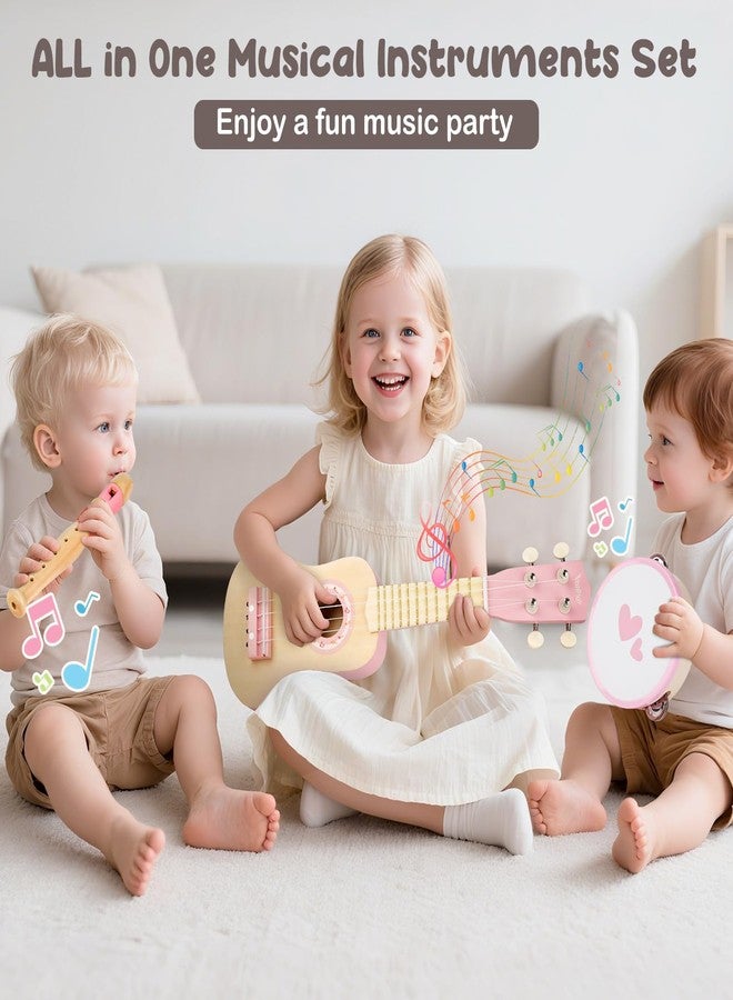 Vanplay Kids Guitar Set for Girls - Toys for 2 3 4 Year Old Girl Birthday Gifts - 7 in 1 Wooden Montessori Musical Instruments with Ukulele/Tambourine/Maracas/Flute for Toddler 2-5(Pink) - Image 2
